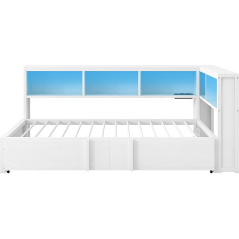 Letto in metallo 90 x 200 cm con letto estraibile, contenitori, LED e porte USB, bianco (1/5)