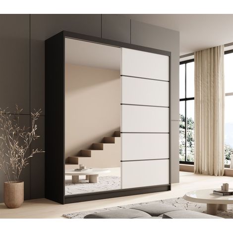 Schiebetürenschrank Schrank BONNY in Schwarz- Weiss matt 180x215x58 cm (1/4)
