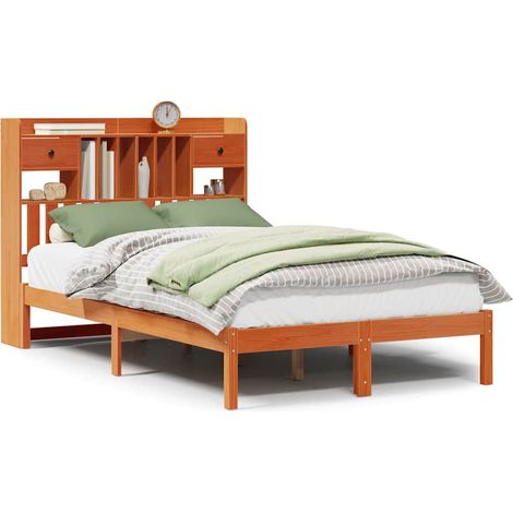 Lit Double,Lit Adulte Lit bibliothèque sans matelas cire marron 135x190 cm pin massif CFW15843 (1/5)