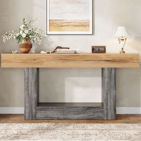 Mesa consola de aglomerado efecto madera bicolor natural, 160 cm con estante inferior (1/5)