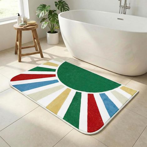 Tapis de Bain 60 x 110 CM, Grand Tapis de Bain Antidérapant pour Entrée, Chambre, Tapis de Salle de Bain Lavable en Machine, Tapis Moderne à Poils Courts Soleil Arc-en-ciel pour Moquette, Vert Feuille (1/5)