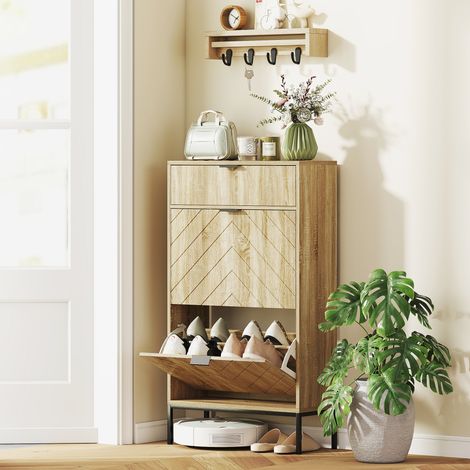 Scarpiera stretta con 2 ante, cassetto e ripiani regolabili per 8 paia di scarpe, 60x24x105,5 cm, rovere.