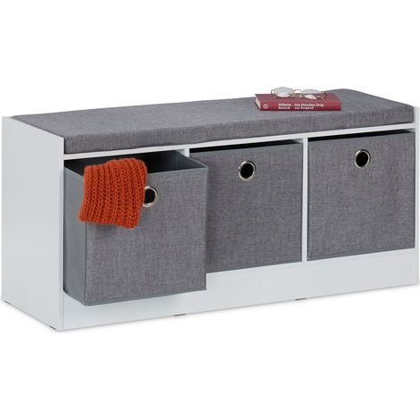 Relaxdays Sitzbank, Polsterbank mit 3 Stoff-Schubladen, HxBxT: 46 x 102 x 32 cm, MDF, Aufbewahrungsbank, weiß/grau