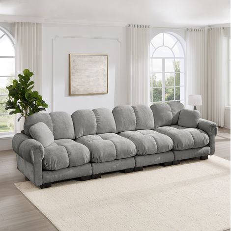Sofá modular 4 plazas de chenilla color gris claro, 330x86x90 cm, con cojines gruesos (1/5)