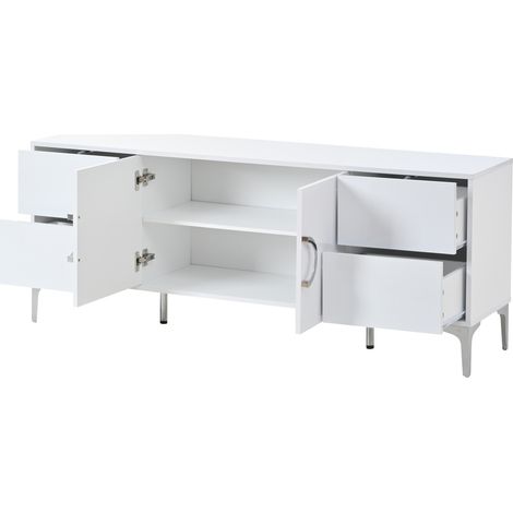 Credenza bianca lucida 150 x 38 x 59,5 cm con 4 cassetti e 2 ante in MDF (1/5)