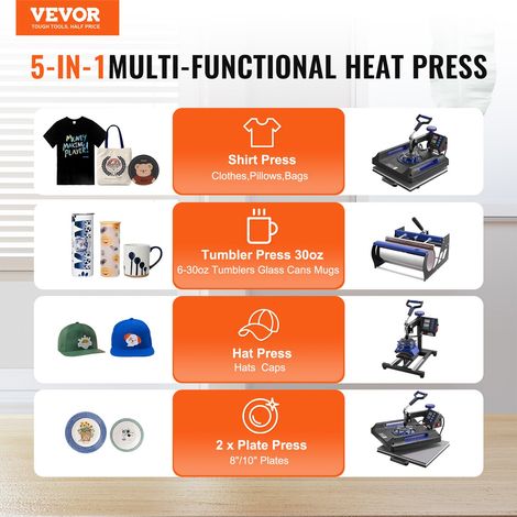 Presse à Chaud 8-en-1, Plaque Chauffante 38x38 cm, Machine de Sublimation Textile avec Presse à Tasses 89 cL, Pivotant à 360°, Pres… (1/5)