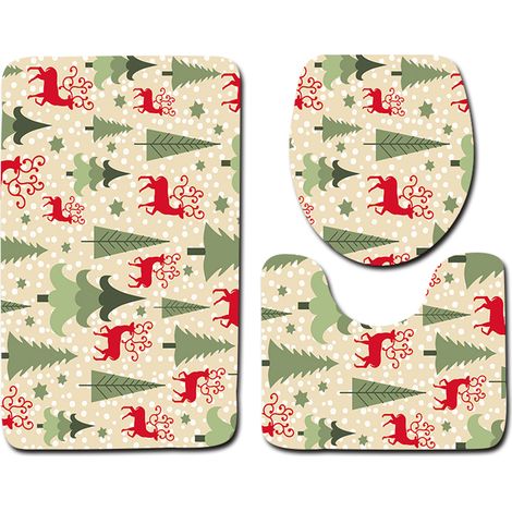 Juego de baño de 3 piezas: alfombrilla antideslizante con estampado de árbol de Navidad y renos, alfombrilla para el inodoro y funda para el asiento del inodoro. Decoración y regalos navideños. (1/5)
