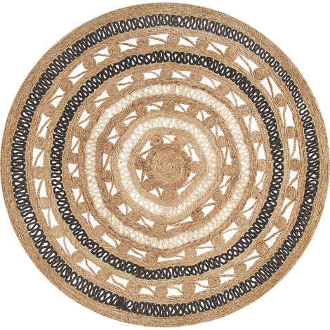 Alfombra beige con trenzado negro ⌀ 140 cm boho rústico granja dormitorio salón sala de estar Goyne
