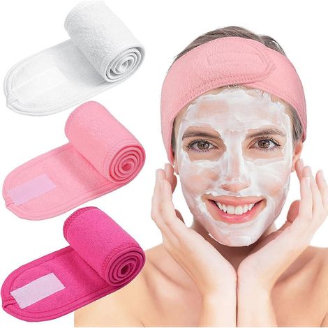Lot de 3 bandeaux faciaux en tissu éponge pour le maquillage (blanc, rose, rouge rosé) (1/5)