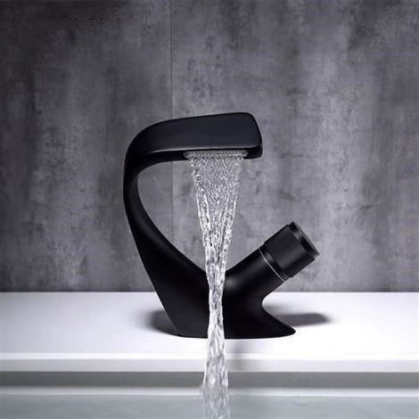 Mitigeur de lavabo à eau cascade en laiton noir – Installation facile sous évier – Finition chromée – Hauteur 18 cm, largeur 13 cm (1/4)