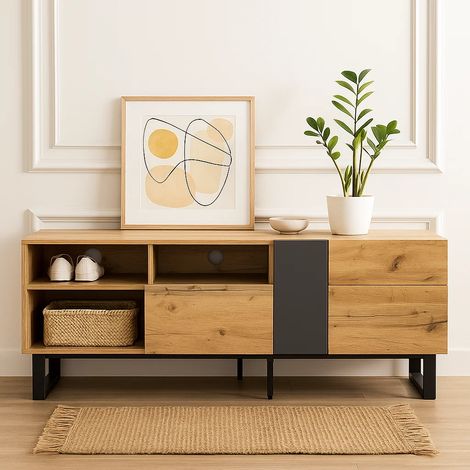 URBAN MEUBLE Meuble à chaussures moderne aux couleurs contrastées avec grain de bois et gris (1/5)