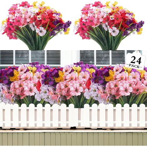 24 Bundles Artificial Flowers for Outdoor,6 Colors No Fade Fake Plastic Silk Flowers Faux UV Resistant Plants for Indoor Outside Garden Porch Hanging Planters Decor (Multicoloured)