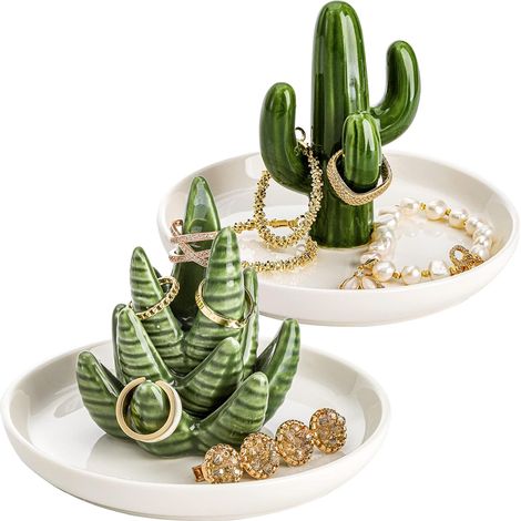 Ensemble de 2 coupelles à bijoux en céramique, motif aloès et cactus, pour bagues, boucles d'oreilles et colliers. Porte-bijoux décoratif pour mariage. (1/5)