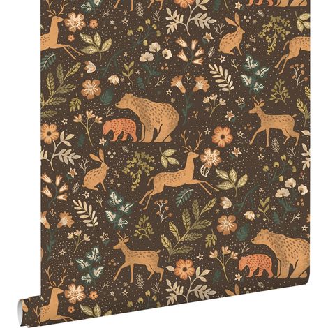 papier peint forêt avec des animaux de la forêt marron et beige  - ESTAhome (1/5)