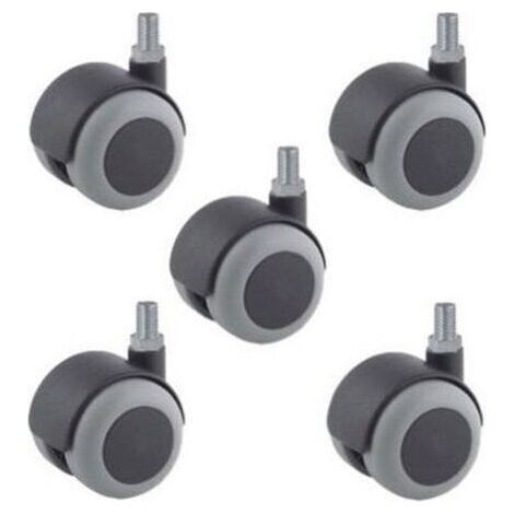 Lot de 5 Roulettes pivotantes JUMELÉE pour FAUTEUIL CAOUTCHOUC GRIS diamètre 50 mm à tige filetée M10x15 mm