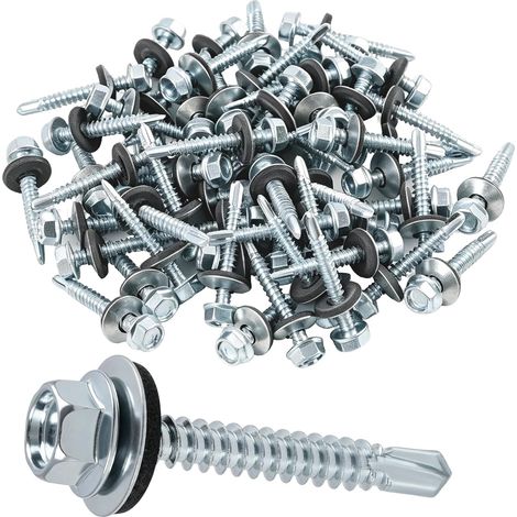 60 Pièces Vis Autoforeuse Metal 4.8 X 35mm,acier Zingué Étanche Avec Rondelle Caoutchouc Intégrée Pour Fixation Tôle, Bac Acier, Toiture, Gouttière Et Structure Métallique Résistante À La Rouille (1/5)