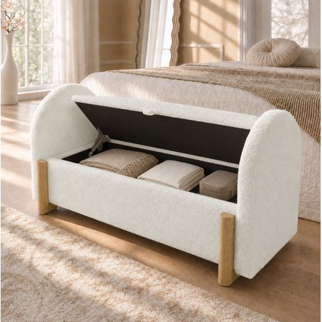 Panca da letto 106x47x61 cm, contenitore idraulico con chiusura soft close, design a U, chenille bouclé e legno, bianco (1/5)