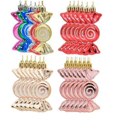 8 Ornements de Noël, forme bonbon 6 cm, rouge et or, finition brillante, décoration sapin (1/4)