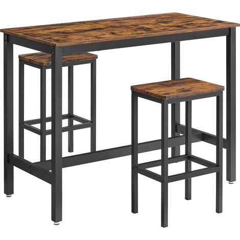 Vasagle – Table haute avec 2 tabourets de bar – Dimensions 120 x 60 cm – Style industriel marron – Structure en acier et panneau de particules