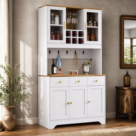 Buffet haut rustique avec vitrines, 94,5 x 30 x 175,5 cm, blanc effet bois, MDF, FloraGrace (1/5)
