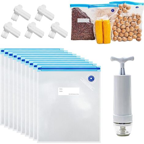 Pack of 10 Vacuum Bags, 30 x 34 cm, Reusable Food Vacuum Bags with Pump for Preserving Vegetables, Fruits, Meat, Fish and Bread (1/5)