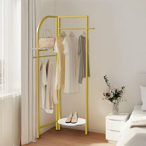 UNHO Metal Gold Clothes Rail Hanging Rack Corner Garment Display Stand Storage Shelf
