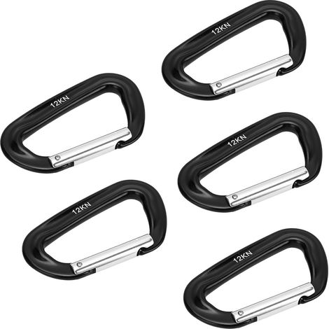 Lot de 5 mousquetons d'escalade en alliage d'aluminium 12 kN (1225 kg) robustes, avec anneau en D, pour le camping, la randonnée et les activités de plein air (noir). (1/5)