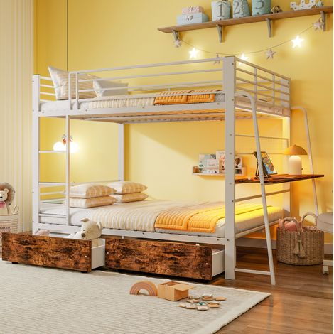 Letto a soppalco 237x145x170 cm, scrivania con prese e LED RGB, cassetti, MDF e metallo bianco opaco noce (1/5)