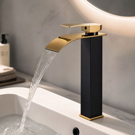 Robinet cascade pour lavabo noir et or, mitigeur eau chaude et froide, bec plat surélevé 305mm, avec flexibles d'arrivée (1/5)