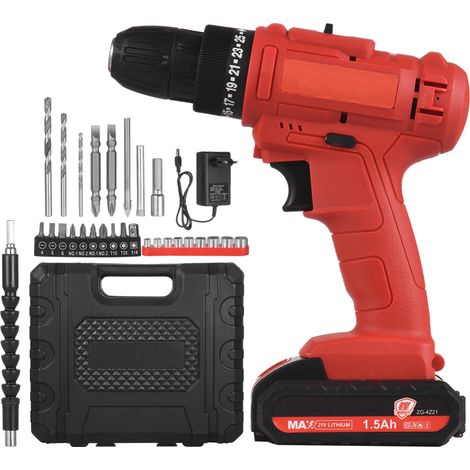 Perceuse-visseuse électrique sans fil portable 21 V, mandrin 3/8 pouce, batterie 1,5 Ah, chargeur rapide, manchons d'embouts, rallonge, lampe de travail LED, 2 vitesses variables, couple 25+1 Nm (1/5)