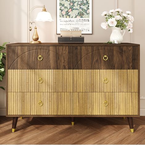 Cómoda 120x40x81 cm natural en MDF y tablero de partículas con 6 cajones y estilo retro (1/5)