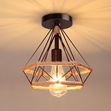 Suspension industrielle vintage métal noir cage diamant corde chanvre E27 salon salle à manger cuisine décoration rétro (1/4)