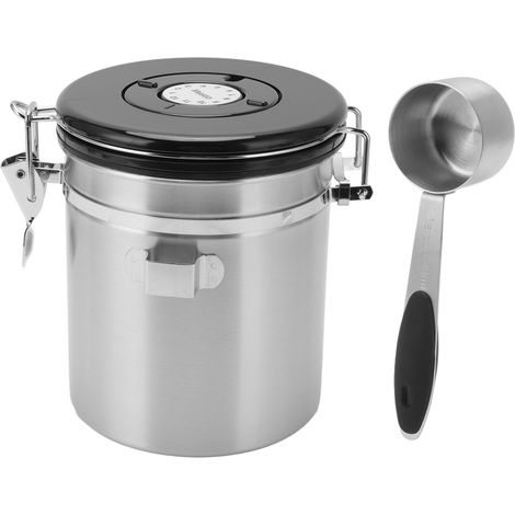 Boîte de conservation pour grains de café en acier inoxydable, hermétique, avec cuillère doseuse de 30 ml et fonction de suivi de la date. Capacité : 1,5 L. Couleur : [insérer la couleur]. (1/5)