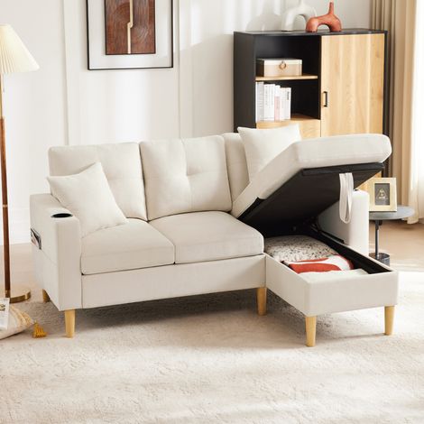 Divano con chaise longue 175x129x90 cm beige in cotone e lino con contenitore, portabicchieri e 2 cuscini (1/5)