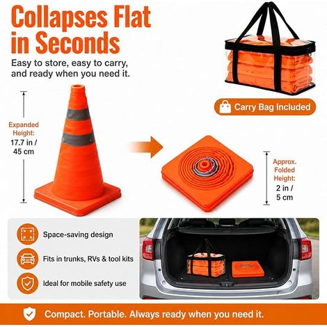 Cônes de Signalisation Pliables Cônes de Sécurité Orange avec Bandes Réfléchissantes Cônes de Sécurité de la Circulation Pliables Cônes Pop-up pour Sécurité Routière (1/4)