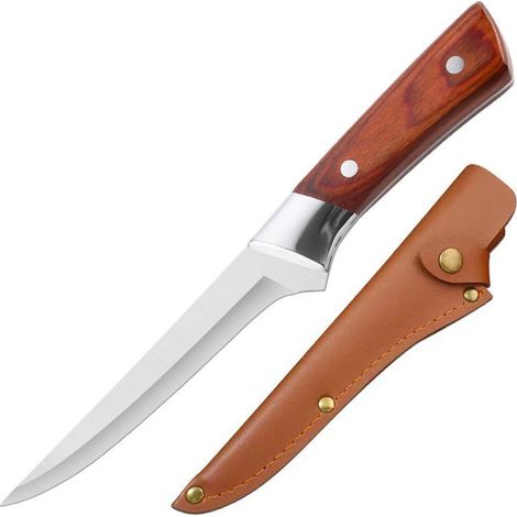 Couteau à désosser en acier inoxydable — Idéal pour la boucherie, l'écorchage et la découpe de viande — Lame au tranchant rasoir — Coutellerie de chasse et de cuisine — Manche en bois massif (1/4)
