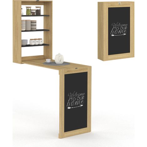 Idmarket – Table murale pliante 2 personnes – Plateau 80 cm – 4 étagères de rangement – Bois et noir – Design épuré pour espaces réduits