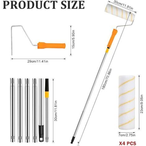 NALOOKAMIC  Kit Peinture Rouleau 30-180 cm, Pinceau Mural, 4 Rouleaux de Rechange, Kit Complet pour Murs et Plafonds