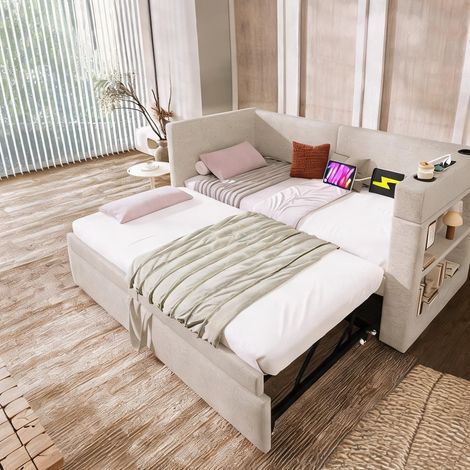 Cadre de lit beige en coton lin 217 x 98 x 74 cm (1/5)