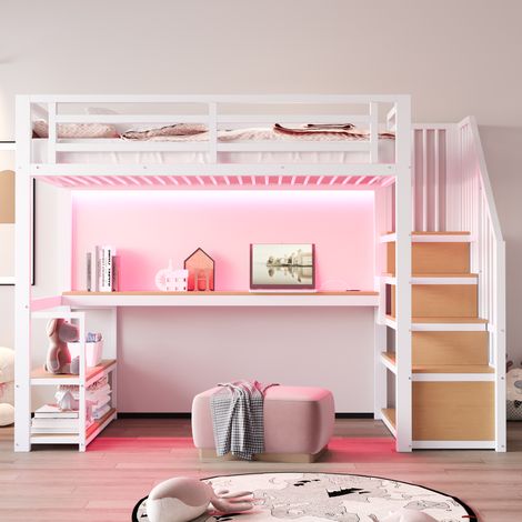 Lit mezzanine métal 90 x 200 cm blanc avec LED prise escalier rangement bureau étagères barrière sécurité cadre stable ado (1/5)