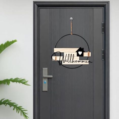 Couronne de porte de bienvenue - Fleurs séchées - Décoration de fenêtre - Personnalisée - Avec plaque de bienvenue - Pour mur, porte, fenêtre (1/4)