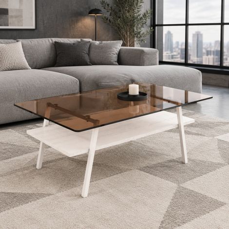 Credenza 98/58/42,5 cm marrone e bianco, piano in vetro temprato e gambe in metallo (1/5)