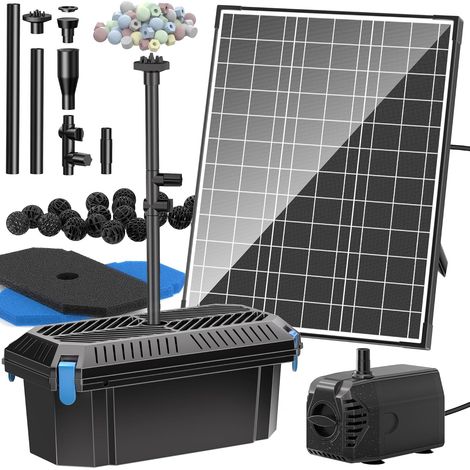 Filtre de bassin solaire 20W – Débit 875L/H avec régulateur et 4 buses – Pompe de fontaine avec câble 5m pour petit étang – Haute efficacité énergétique (1/5)