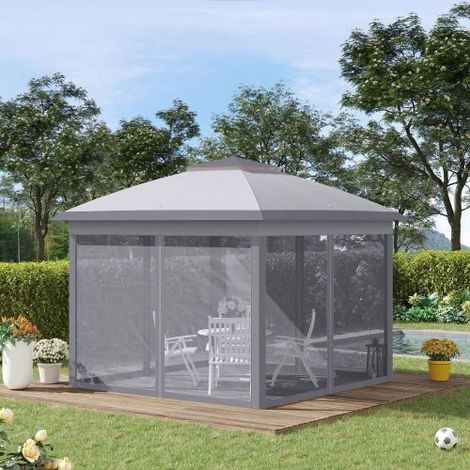 Tonnelle 3 x 3 m Jardin-Pavillon Pop-up Faltzelt Double toit 4 Mückennetze amovible + Tragetasche Oxford-Tissue Métal Gris
