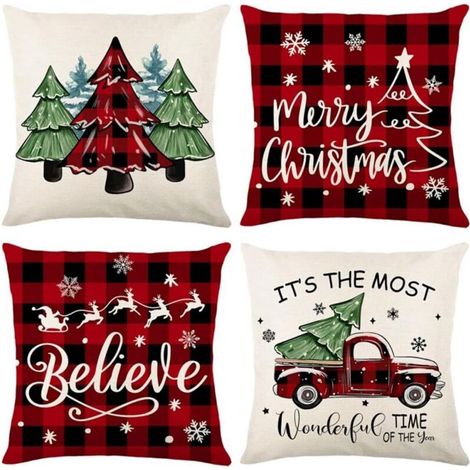 4pcs Housse Coussin Noël, Rouge et Blanche Housse de Coussin Noel 45x45cm, avec Motifs Tartan Rouge et Noir, Sapins de Noël, Lin Taie de Coussin Noel pour Décorer Lit, Canapé, Chambre, Salon (1/5)