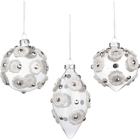 Pallina in vetro trasparente con decorazioni argento per albero di Natale da Ø 8 cm, set da 3 pezzi