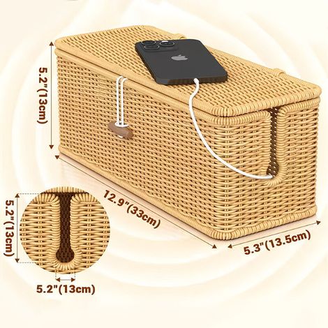 Boîte de rangement pour câbles fabriquée à la main, aspect rotin, boîte de rangement pour câbles avec multiprise, cache et rangement des câbles