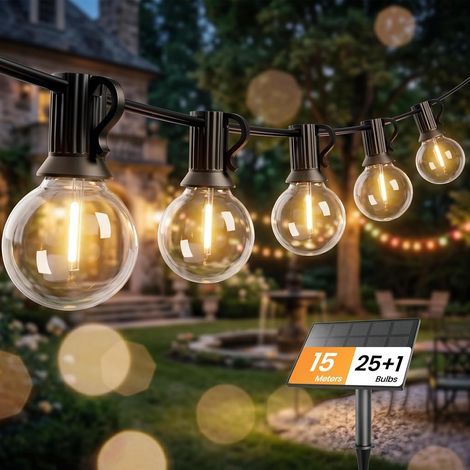 Guirlande Guinguette Exterieur Solaire, G40 15M Guirlande Lumineuse Exterieure Guinguette 27 Ampoules LED 4 Modes 2700K Etanche Guirlande Lumineuse Pour Jardin, Cour, Patio, Fête Décoration (1/5)