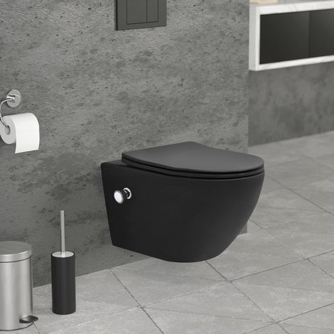LuxeBath WC Sospeso Senza Bordo in Ceramica Nero con Funzione Bidet Sedile Soft-Close in Duroplast Chiusura Ammortizzata Sciacquone Tornado Vaso Toilette Design Moderno con Materiale per il Montaggio (1/5)