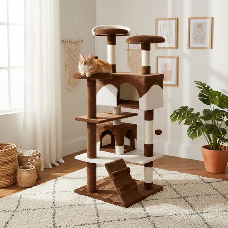 belviona Kratzbaum, 130 cm hoher Katzenbaum mit Höhlen, Treppe & Spielbällen, robust & stilvoll, braun/beige (1/5)